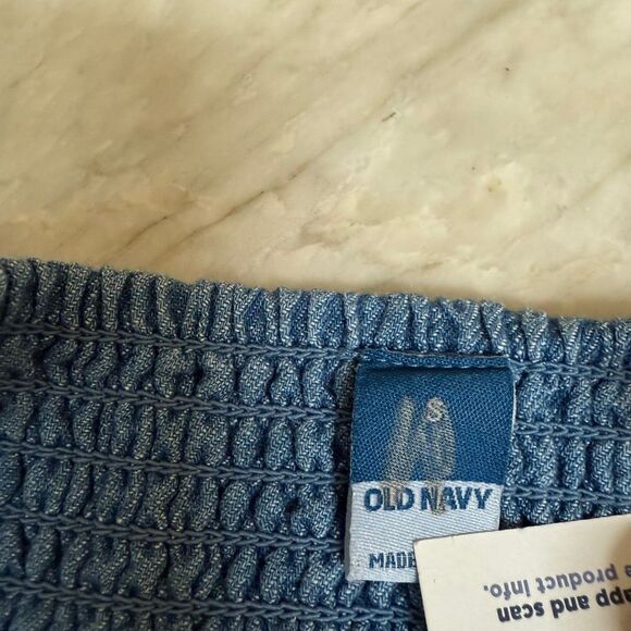Old Navy Tie Shoulder Denim Twist Front Jumpsuit smocked back Blue size S NWT - Picture 5 of 9
